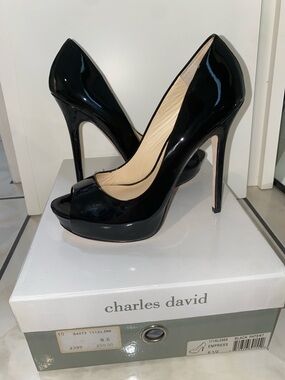 Charles David Black Patent Peep-Toe Platform Stilettos